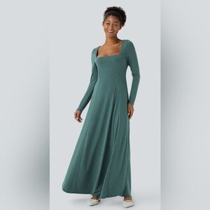 Halara Size XS Blue Green Square Neck Soft Long Sleeve Flowy Flare Maxi Dress